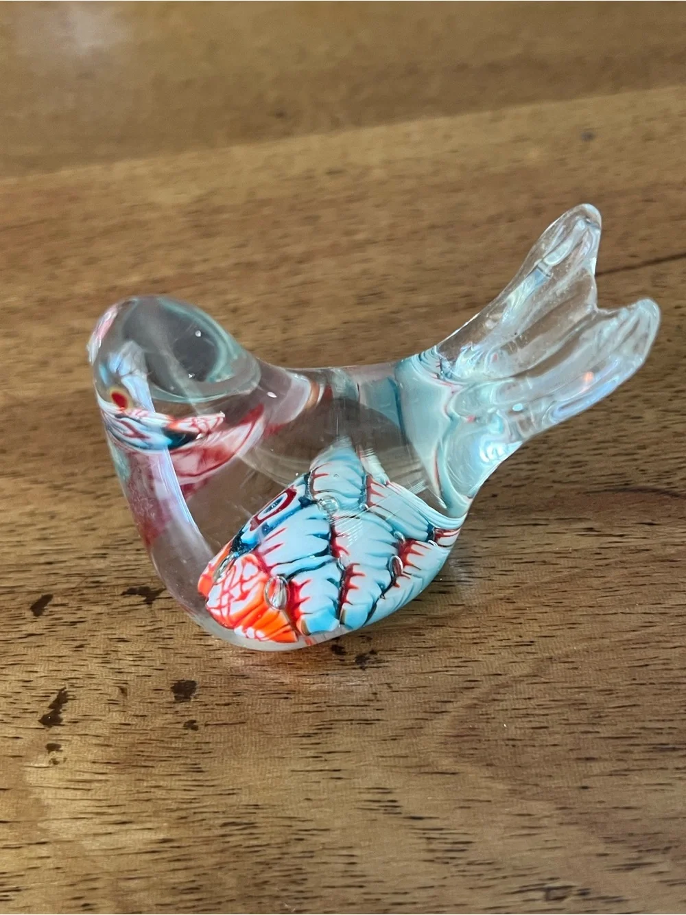 Clear Glass Decorative Bird Figurine with Blue and Red Accents